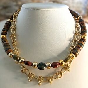 Natural Red Creek Jasper Beads & Barbed Chain Two Strand Golf Plated Necklace